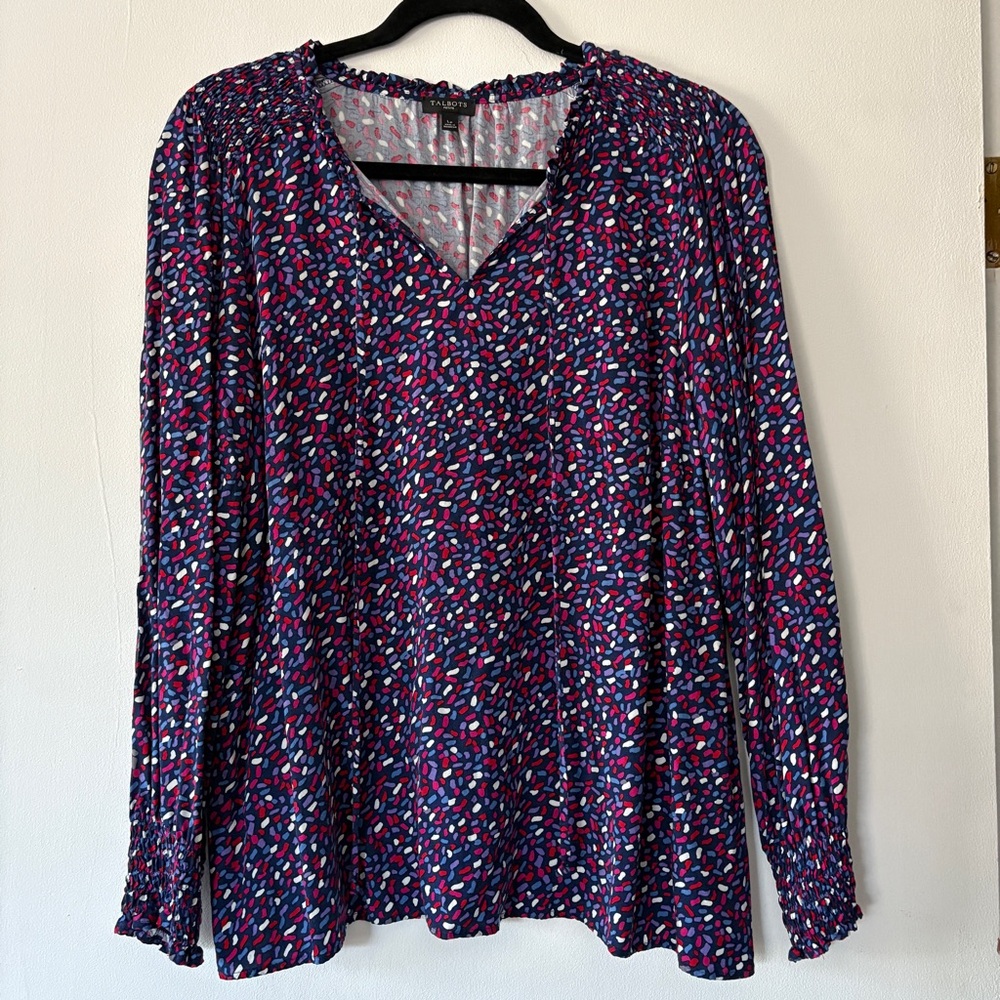Talbots Pleated Sleeve Tie-Neck Blouse Womens Size Large Petite Confetti